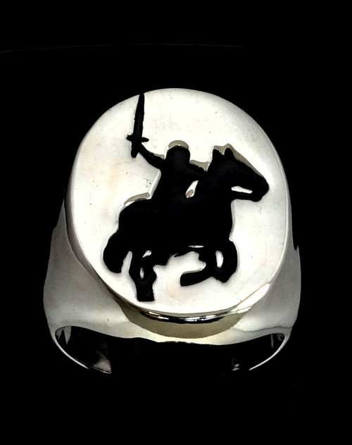 Oval silver men's ring Medieval Knight on Horse with Black enamel high polished 925 silver