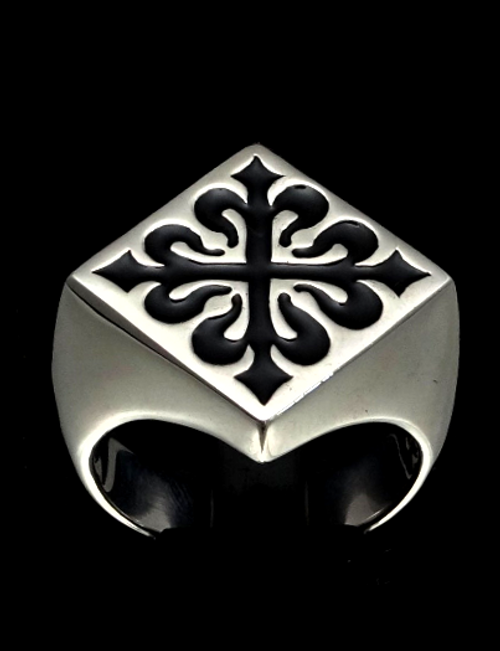 Sterling silver Medieval ring Fleur de Lis French Lily Flower symbol France black enamel 925 silver