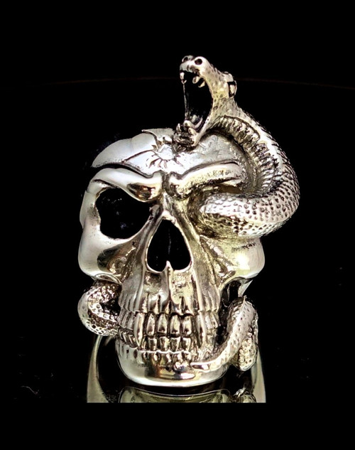 Sterling silver ring Snake through Eye Head shot Skull high polished and antiqued 925 silver men's ring