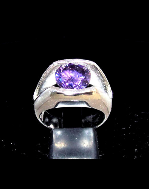 Sterling silver men's Solitaire ring with a Stunning Purple CZ high polished 925 silver