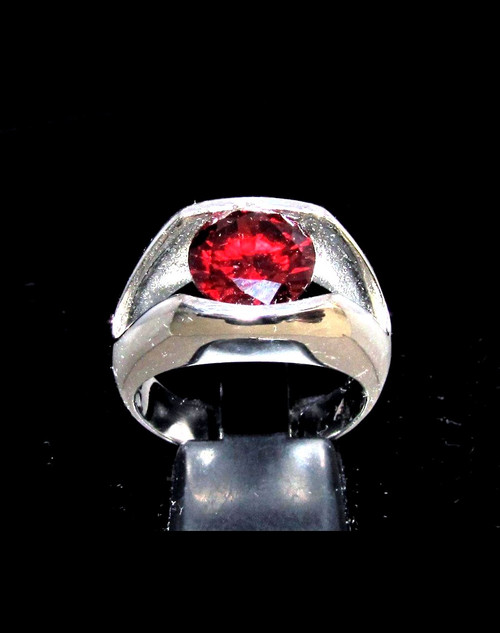 Sterling silver men's Solitaire ring with a Fiery  Red CZ high polished 925 silver