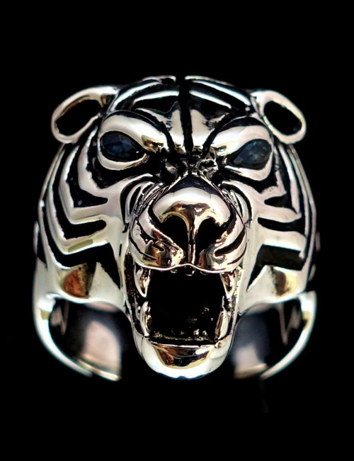Sterling silver Wild Animal ring Tiger Predator with 2 Blue Sapphire Gemstone Eyes 925 silver