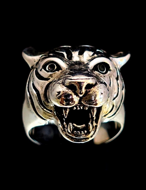 Stunning Sterling silver Animal ring Angry Tiger high polished and antiqued 925 silver