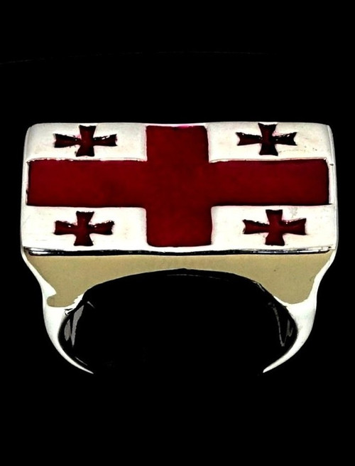 Sterling silver Knights Templar ring Five Cross Flag medieval kingdom of Georgia with Red enamel high polished 925 silver