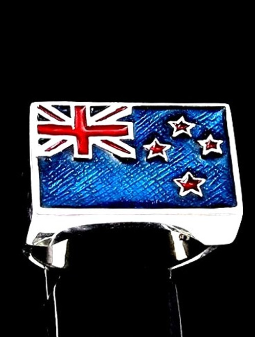 Sterling silver men's ring Kiwi Flag New Zealand with Blue and Red enamel Stars and Stripes 925 silver