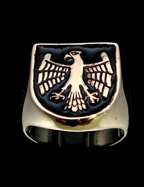 Sterling silver men's ring Medieval Eagle on Shield coat of arms with Black enamel high polished 925 silver