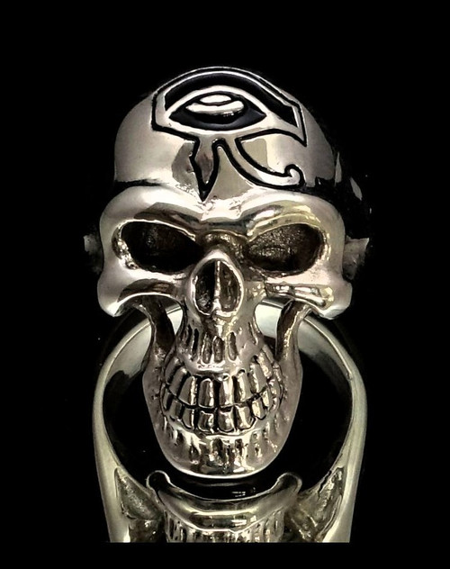 Sterling silver men's Skull ring Eye of Ra ancient Egypt symbol in Black enamel 925 silver