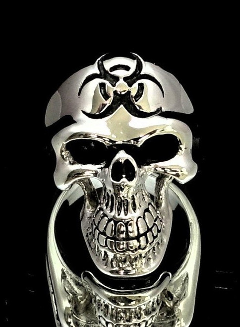 Sterling silver men's ring Bio Hazard Toxic Waste Warning symbol on Grinning Skull high polished and antiqued