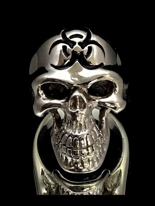 Sterling silver men's ring Bio Hazard Toxic Waste Warning symbol in Black enamel on Grinning Skull  925 silver