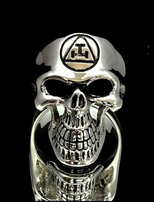 Sterling silver men's ring Royal Masonic Arch Triple Tau Freemason symbol on Grinning Skull high polished and antiqued 925 silver