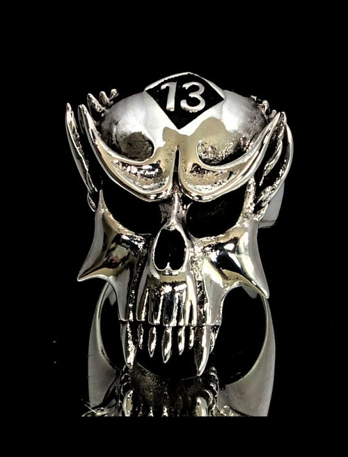 Sterling silver Skull ring 13 Outlaw Biker symbol on Vampire Skull high polished and antiqued 925 silver men's ring