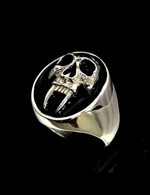 Vampire Rings Men Oval Sterling silver men's ring Big Fang Vampire Skull with Black ...