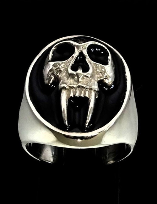 Oval Sterling silver men's ring Big Fang Vampire Skull with Black enamel high polished 925 silver