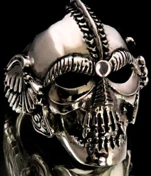 Sterling silver Skull ring Viking Warrior and winged Helmet high polished and antiqued 925 silver