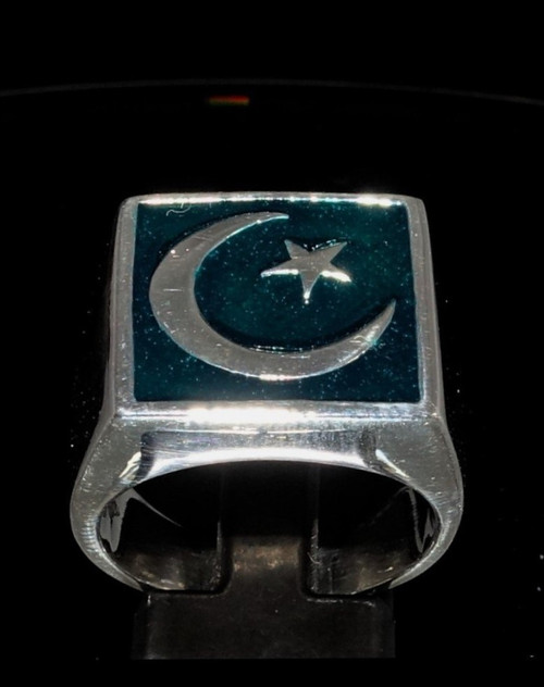 Sterling silver men's ring Crescent Moon and Star symbol of Islam on Green enamel 925 silver