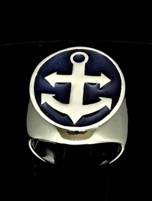 Sterling silver men's Sailor ring Big Anchor Navy symbol with Black enamel high polished 925 silver