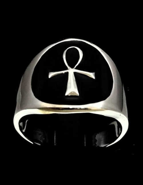 Sterling silver Symbol ring Ankh ancient Egypt Cross with Black enamel high polished 925 silver