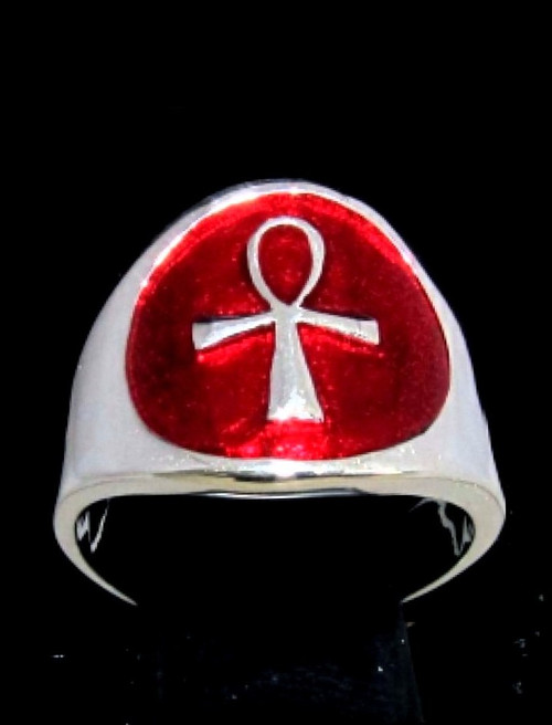 Sterling silver Symbol ring Ankh ancient Egypt Cross with Red enamel high polished 925 silver