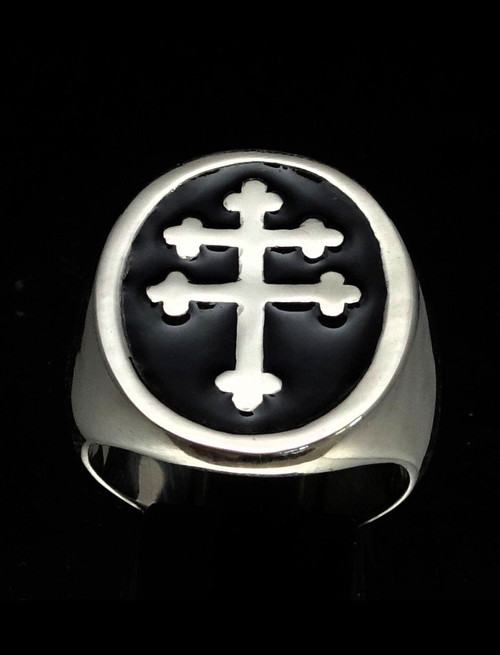 Sterling silver ring Lorraine Cross Anjou Heraldic symbol France with Black enamel high polished 925 silver