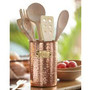 Copper plated metal utensil caddy features gold plated and embossed "UTENSILS" tag. To hold utensils in the kitchen, or other items around the house.