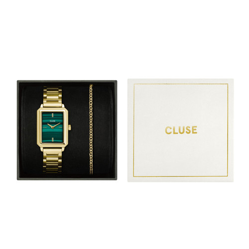 CLUSE Fluette Green Gold Watch & Round Chain Bracelet Gift Set