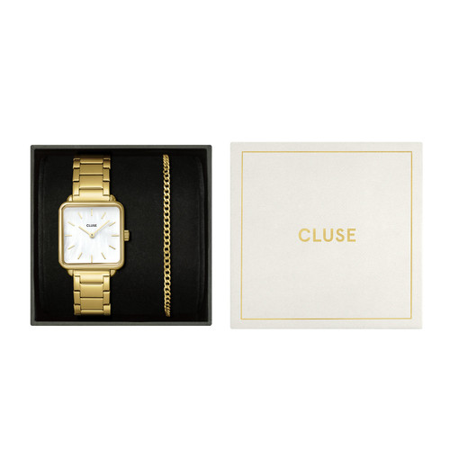 CLUSE La Tetragone White Pearl Watch & Curb Chain Bracelet Gift Set