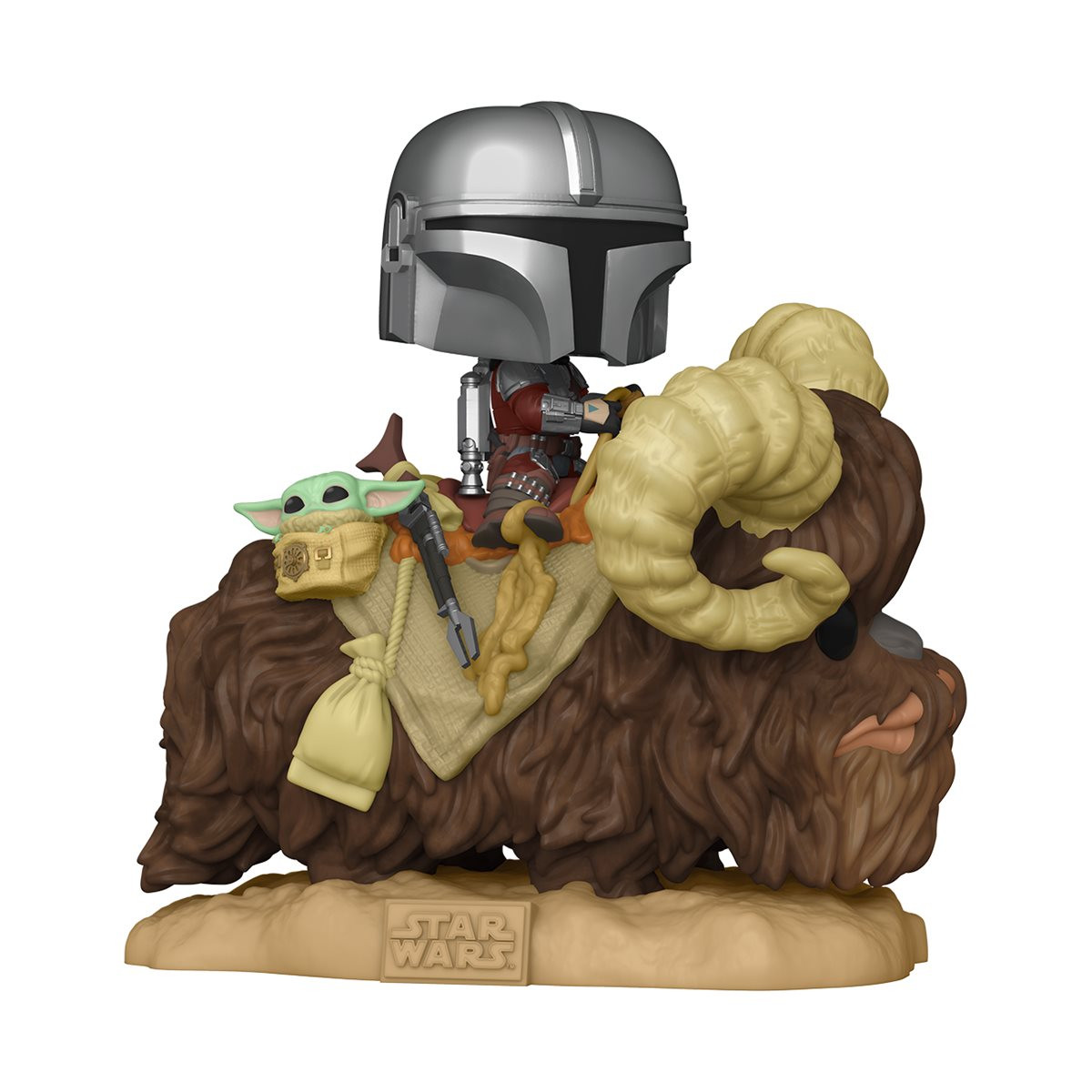 Funko Star Wars The Mandalorian Mando on Bantha with Child in Bag