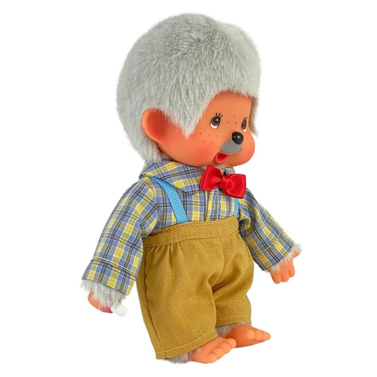 Sekiguchi 233140 Original Monchhichi Grandpa Soft Toy With Checkered Shirt, Bow Tie And Beige Trousers, Approx. 20 Cm, Grey Plush