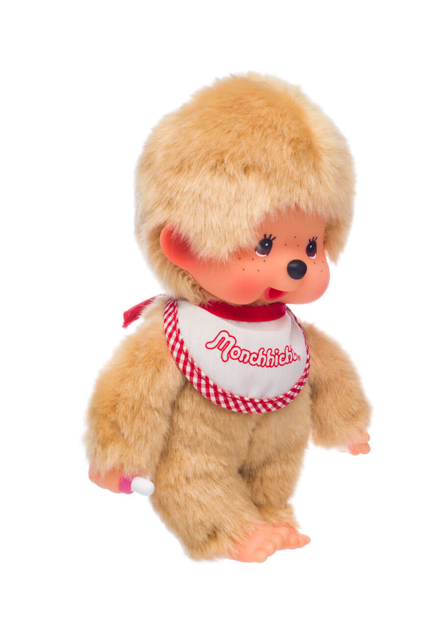 Monchhichi Beige Boy With Bib - Red/White | Classic Monchhichi Plush