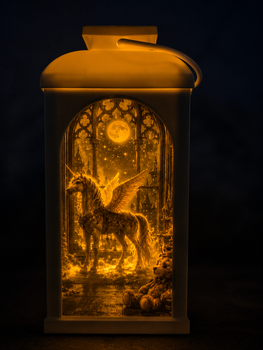 The Enchanted Room solar lantern glowing amber in the dark showing the winged unicorn panel backlit