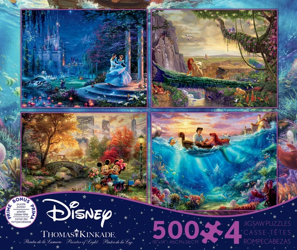 Cinderella, The Lion King, Mickey and Minnie Mouse, and the Little Mermaid 4-in-1 500 Piece Puzzles