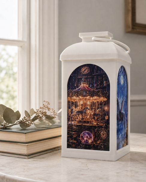 The Enchanted Room solar art lantern in white with custom UV-printed fantasy panels displayed on a marble surface in natural daylight