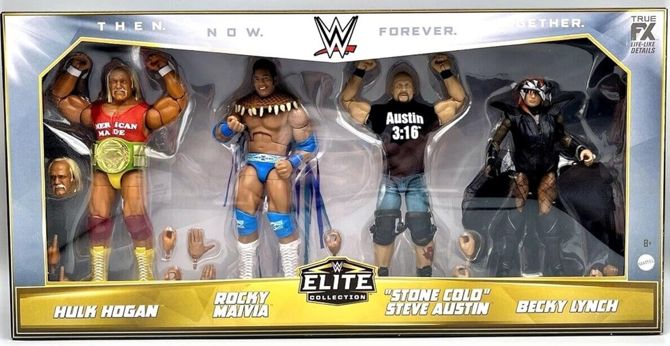 Mattel WWE Then Now Forever Together Elite Collection Hulk Hogan, Rocky Maivia, "Stone Cold" Steve Austin & Becky Lynch Action Figure 4-Pack