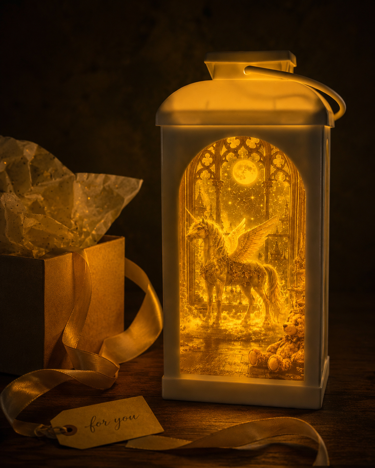 The Enchanted Room solar art lantern glowing next to a kraft gift box with gold ribbon and a for you gift tag