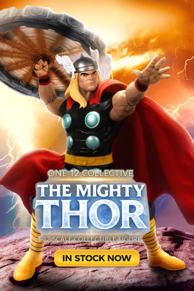 Mezco Toyz One:12 Collective The Mighty Thor 1:12 scale collectible action figure headline banner graphic with heroic lightning-style blue text