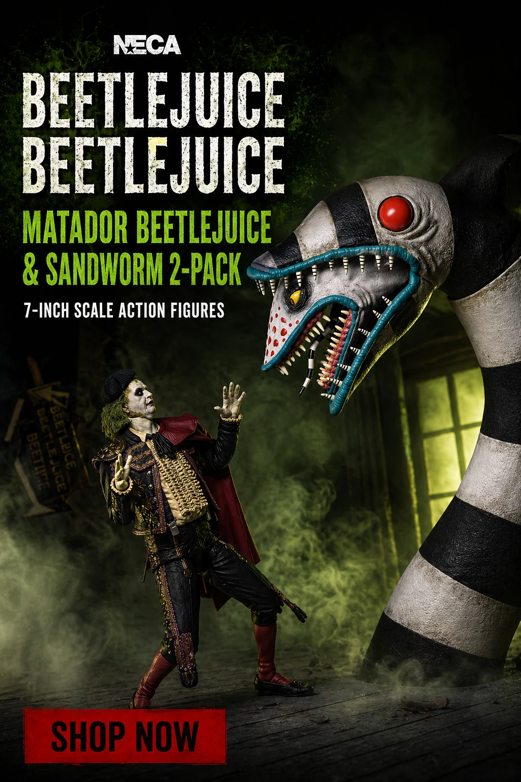 NECA Beetlejuice Beetlejuice Matador Beetlejuice and Sandworm 2-pack 7-inch scale action figures homepage banner at Not Just Toyz
