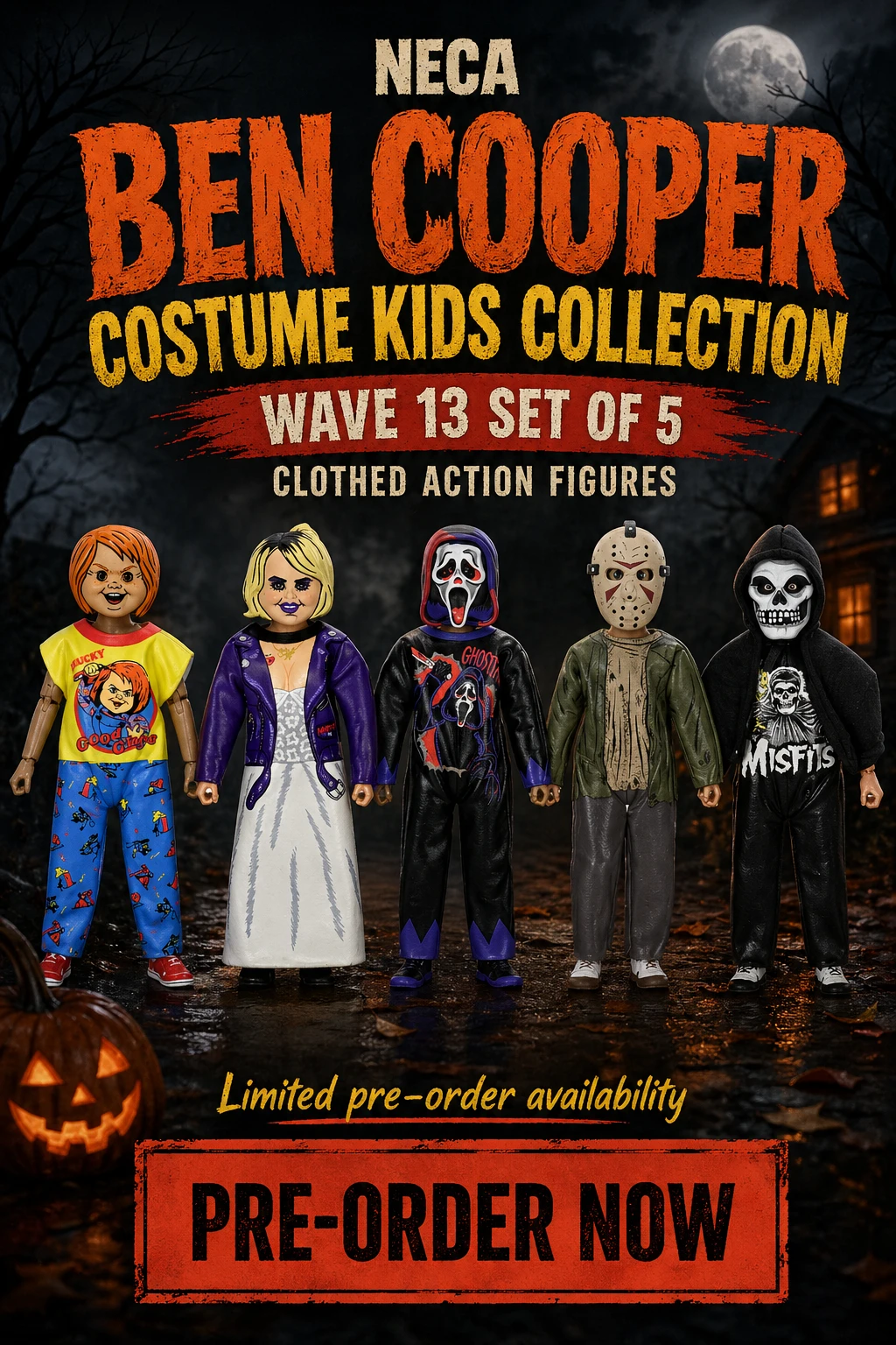 NECA Ben Cooper Costume Kids Collection Wave 13 set of 5 clothed action figures pre-order banner at Not Just Toyz