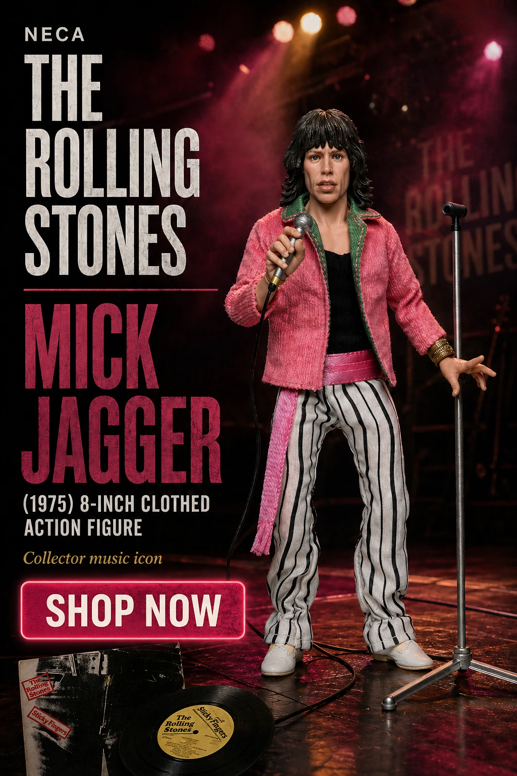 NECA The Rolling Stones Mick Jagger 1975 8-inch clothed action figure in stock banner at Not Just Toyz