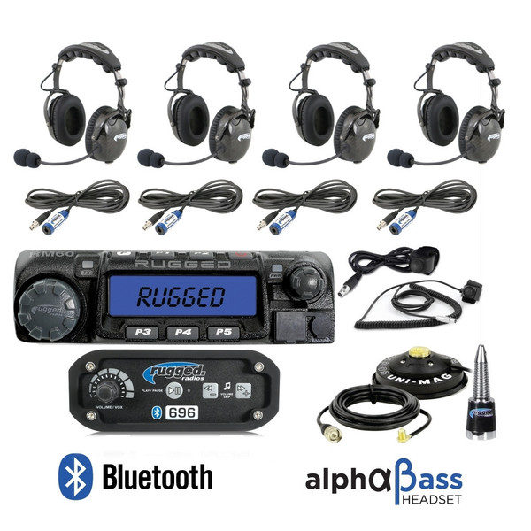 Polaris Ranger 4-Place Intercom with 60 Watt Radio and AlphaBass Headsets by Rugged Radios