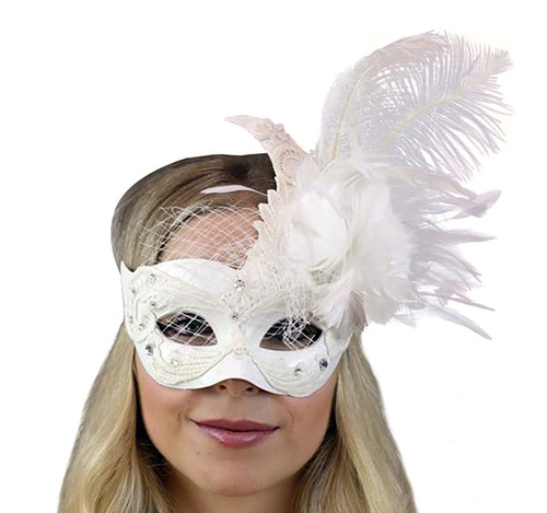 Masquerade White Mask with Feather and Veil