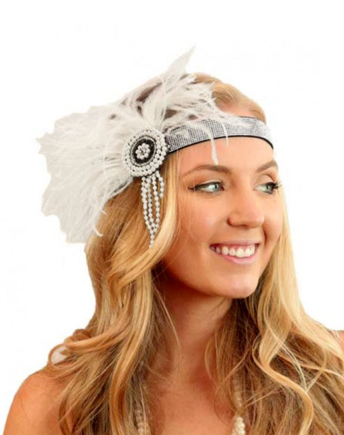 20s Flapper Headband White and Silver