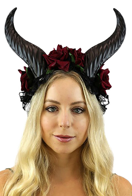 Goat Horn Headpiece with Red Flowers