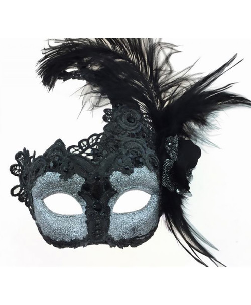 Silver Venetian Mask Black Side Feather