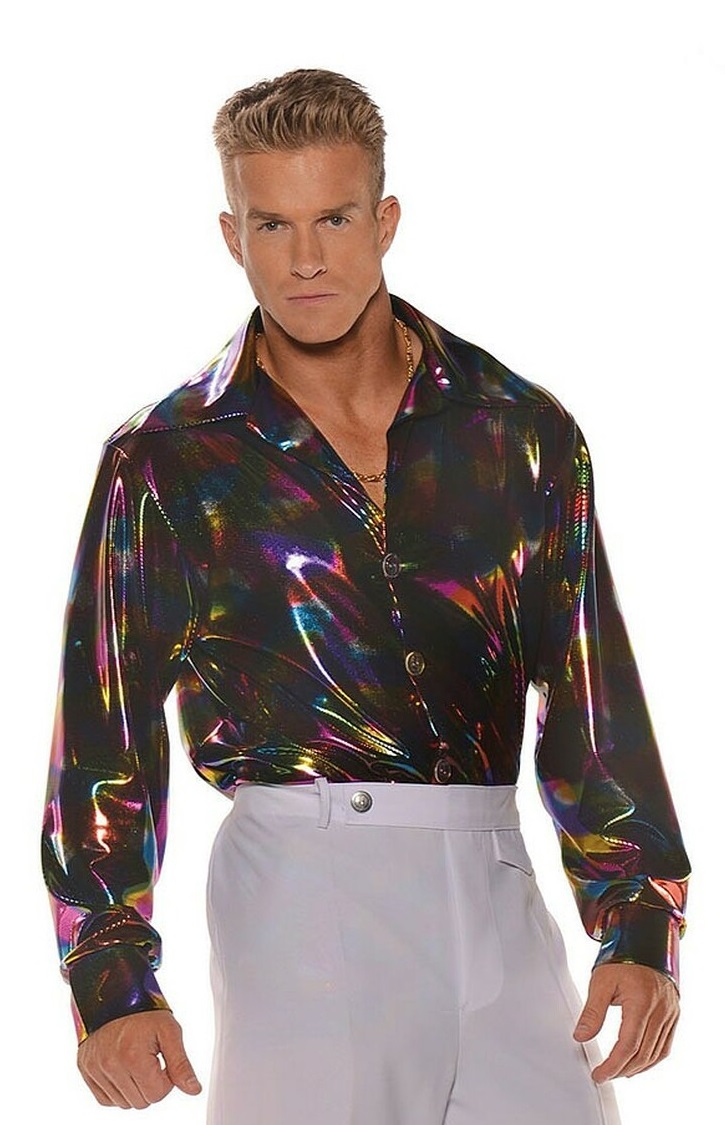 CL294 70's Retro Man Costume Rainbow Paisley Shirt + Flares Disco Pants  Outfit
