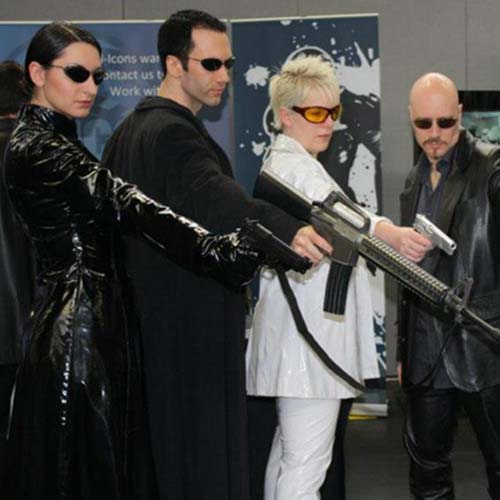 group photo of matrix cosplay