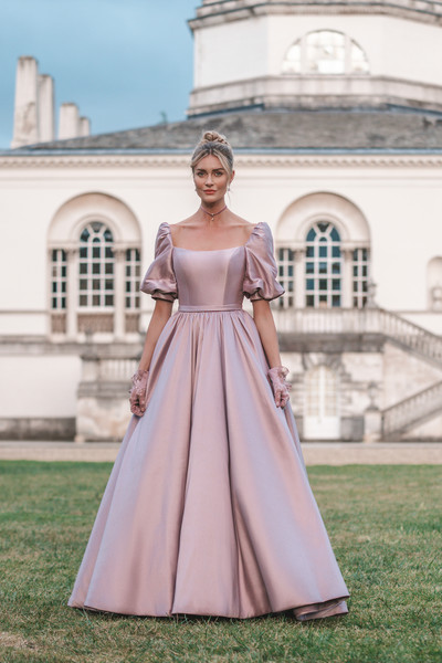 Off the Shoulder Matte Satin Garden High Slit Evening Dress with