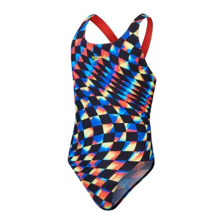 Speedo - Girls - Endurance+ Digital Allover Leaderback One Piece - Black/Watermelon/True Cobalt/Flare Pink/Bitter Lime/Bolt