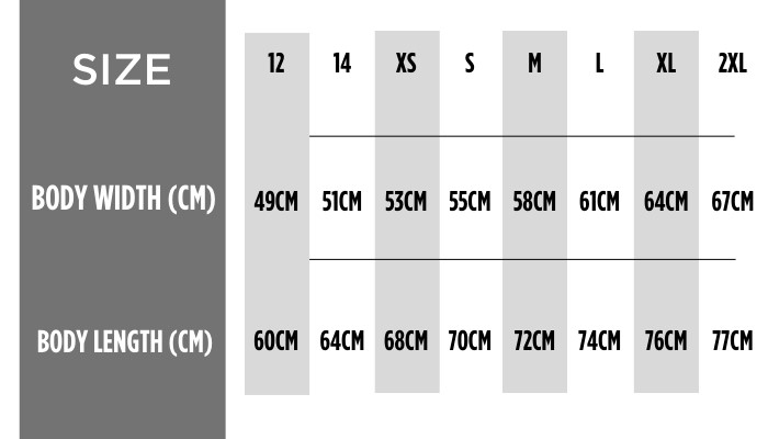 A table with sizes and measurements  Description automatically generated with medium confidence