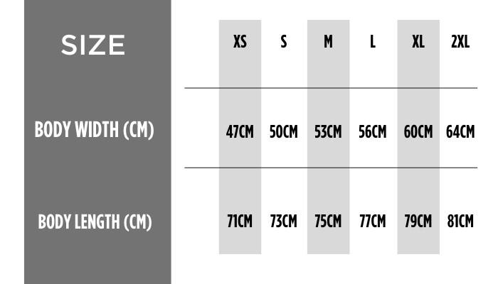 A chart of sizes and measurements  Description automatically generated