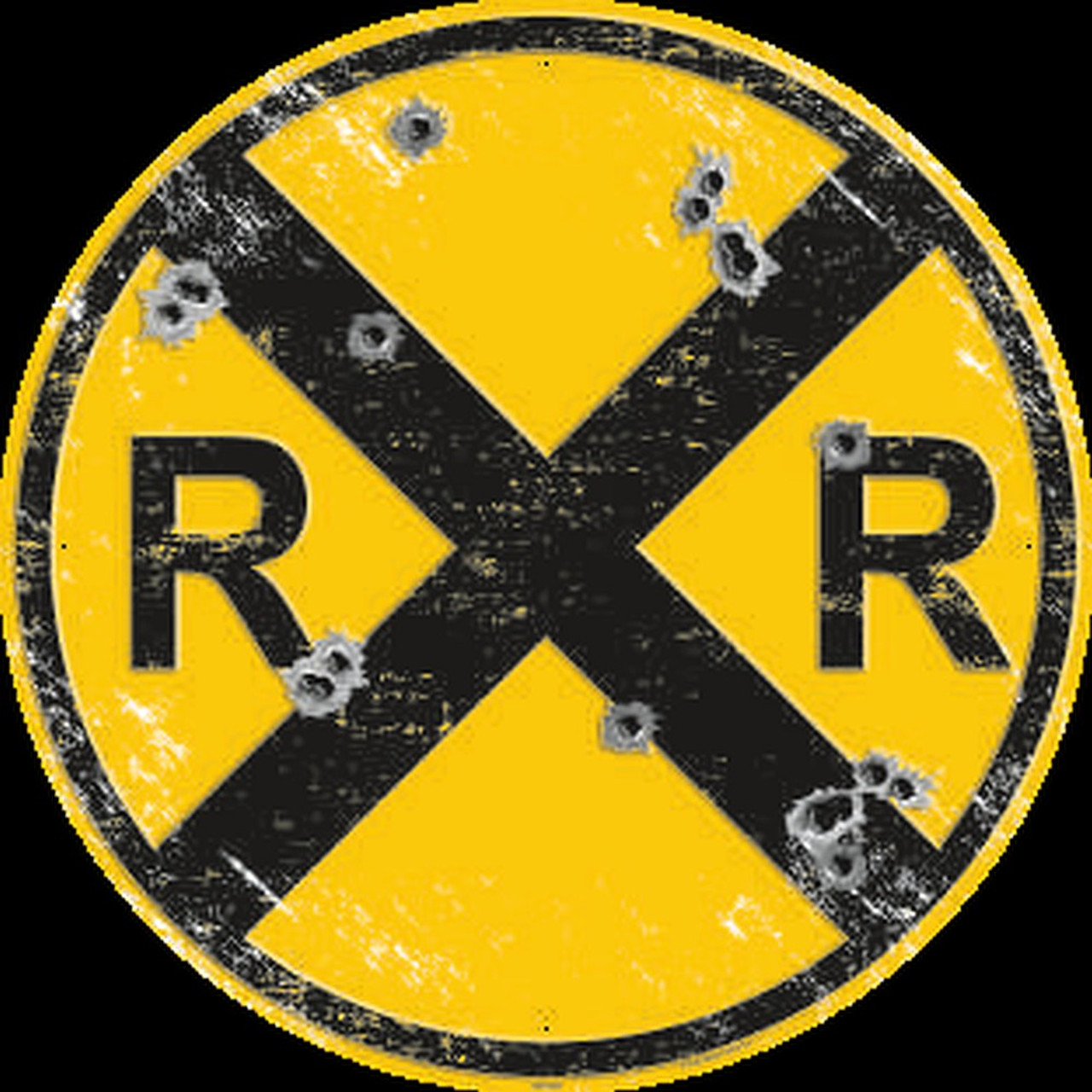 HangTime Railroad Crossing Sign with simulated bullet holes Aluminum garage  sign 24 inches in diameter